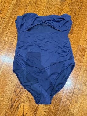Classic Navy One-Piece Swim Suit with cut out, full coverage bottom - Strapless